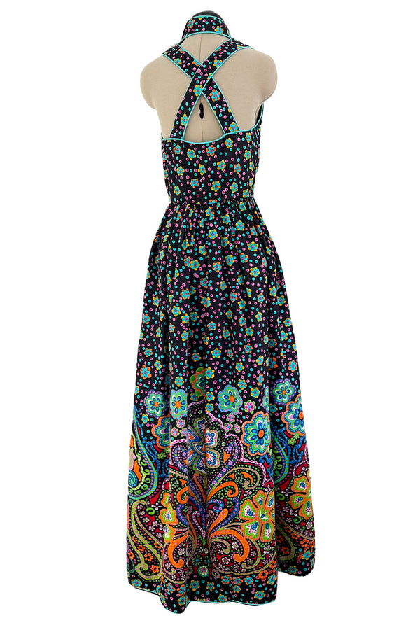 Prettiest Early 1970s Oscar de la Renta Floral Printed Halter Dress w Frog Knots & Open Back