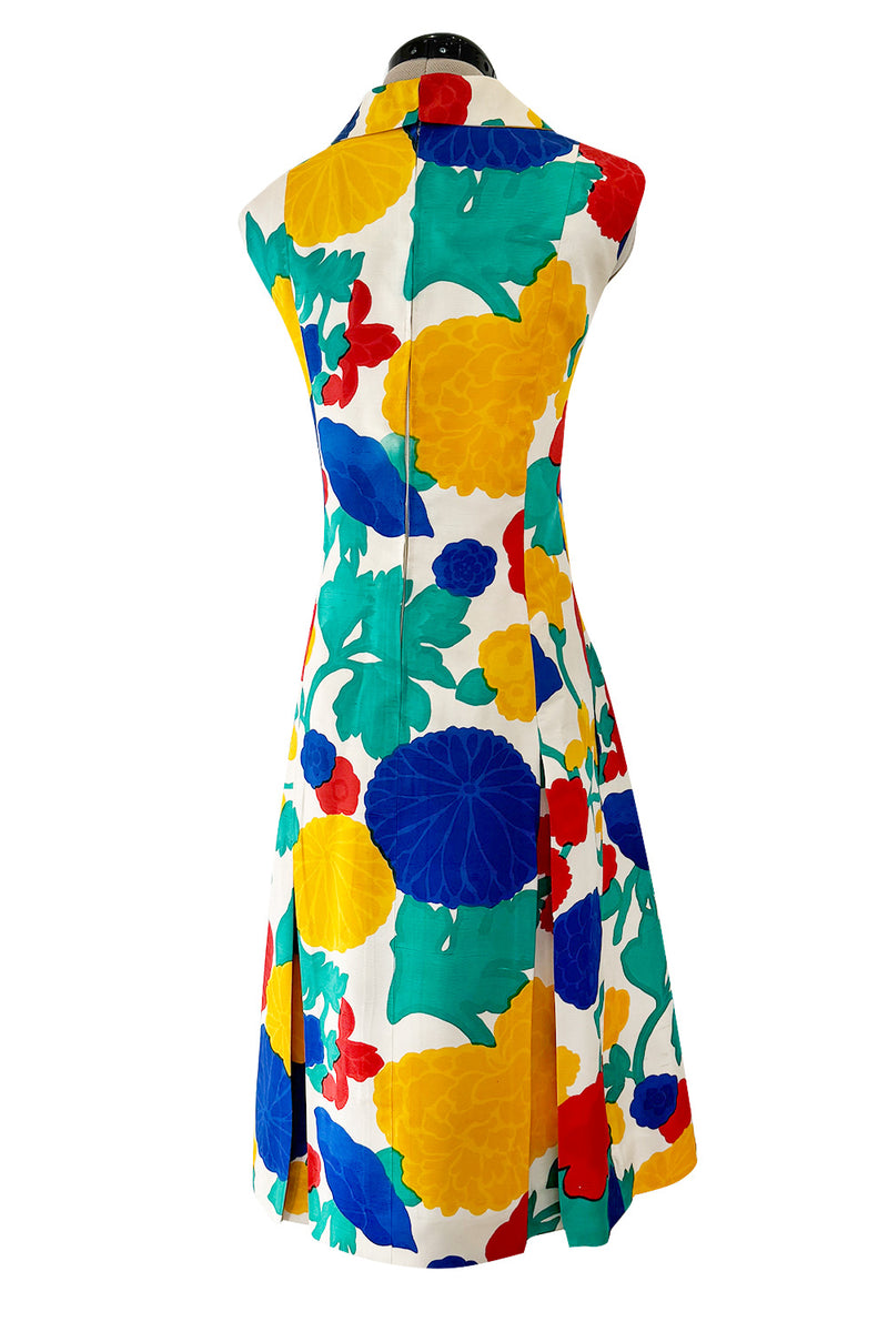 Happiest 1960s James Galanos Bright Floral Print Silk Dress w Pleated Skirt & Rounded Collar