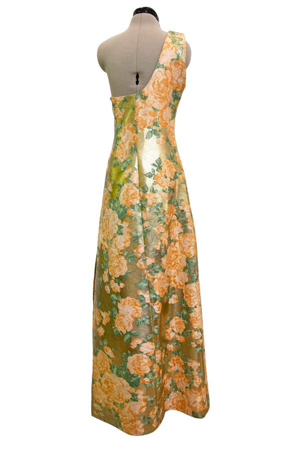 Incredible Spring 1993 Yves Saint Laurent One Shoulder Gold Floral & Peach Dress