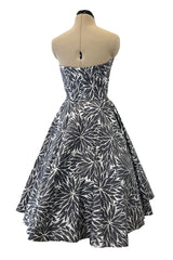 Amazing 1950s Fred Perlberg Hand Painted Silver & Gray Strapless Dress w Pleated Shelf Bust