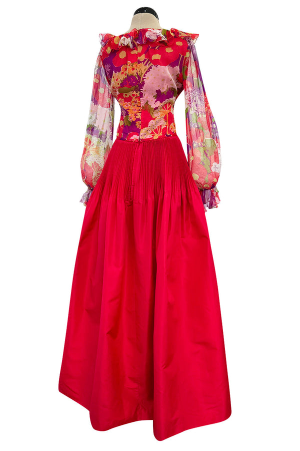 Incredible 1972 Yves Saint Laurent Red Floral Silk Chiffon & Red Silk Dress w Balloon Sleeves & Pleat Detailing