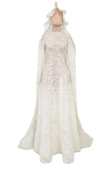 Heirloom Level Exquisite 1950s Handmade Couture White Lace Wedding Dress w a Matching Veil