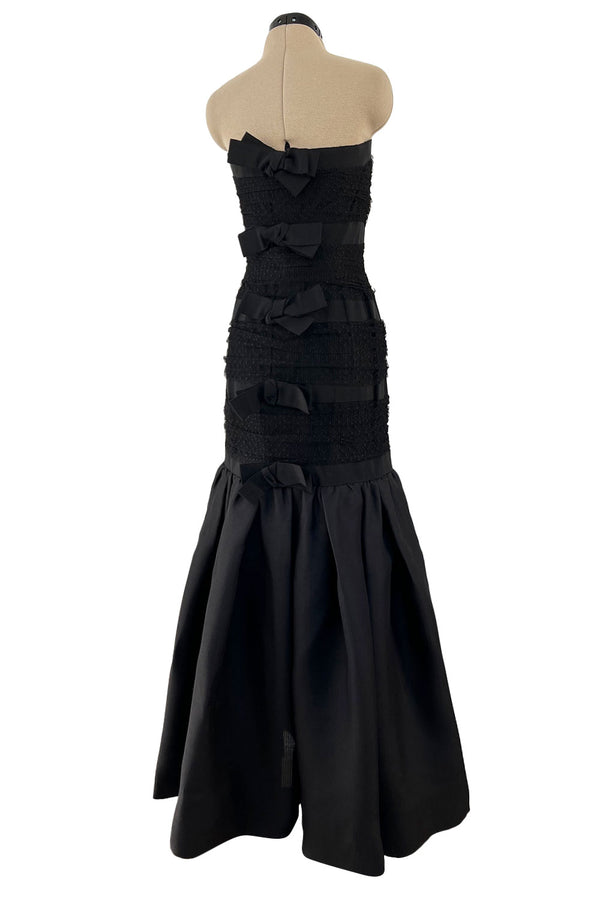 Spring 1987 Yves Saint Laurent Grosgrain, Dotted Net & Silk Strapless Dress w Bows