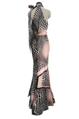 Spring 2004 Roberto Cavalli Bias Cut Silk Brown and Pink Printed Halter Top w Tie & Skirt Set