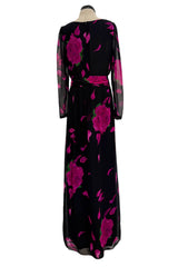 Gorgeous 1970s James Galanos Demi-Couture Silk Chiffon Dress w Vivid Pink Flower Print