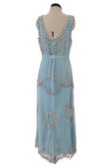 Prettiest Vintage Unlabeled Dusty Pale Blue Net Applique & Embroidered Dress w Ribbon Waist Tie