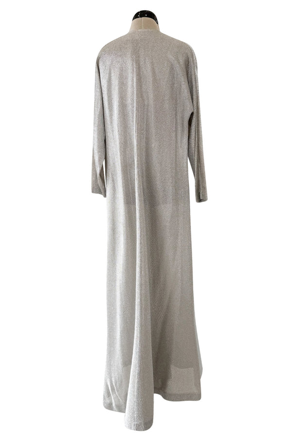 Fantastic 1970s Halston Metallic Silver Lame Lurex Full Length Caftan Dress w Notched Neckline