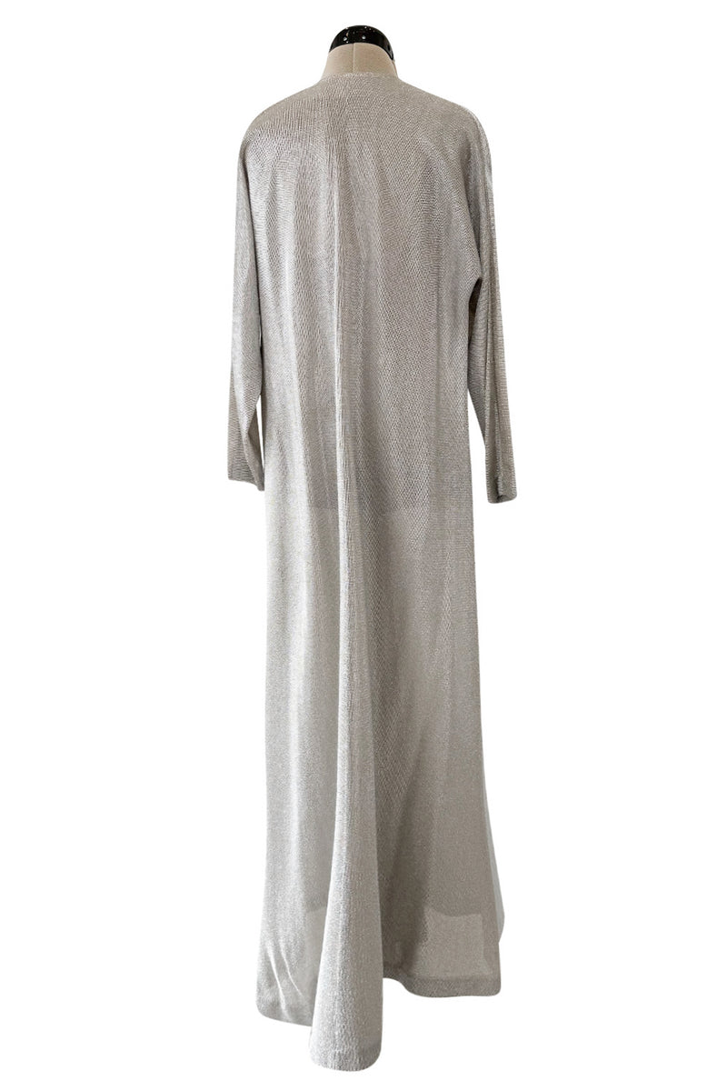 Fantastic 1970s Halston Metallic Silver Lame Lurex Full Length Caftan Dress w Notched Neckline