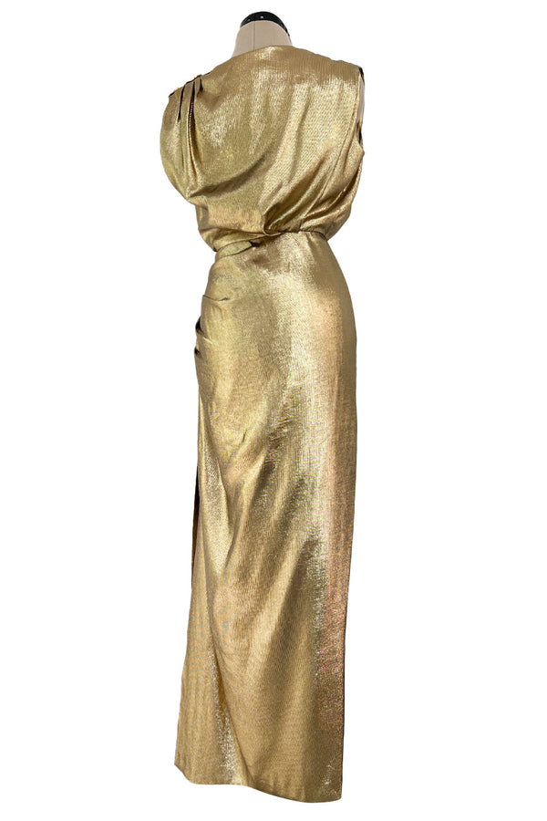 Iconic Fall 1991 Yves Saint Laurent Runway Slinky Gold Lame Dress w Gold Button Details