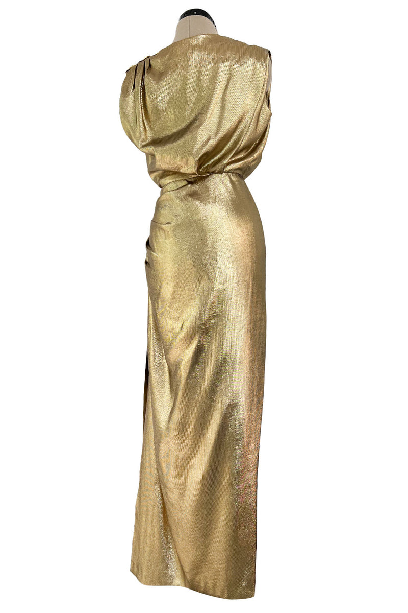 Iconic Fall 1991 Yves Saint Laurent Runway Slinky Gold Lame Dress w Gold Button Details