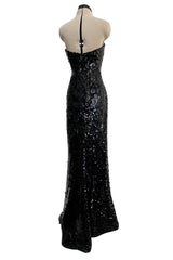 Fantastic 1980s Bob Mackie Strapless Glossy Black Sequin Stretch Dress w Back Kick Skirt