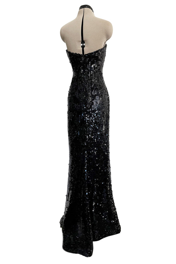 Fantastic 1980s Bob Mackie Strapless Glossy Black Sequin Stretch Dress w Back Kick Skirt