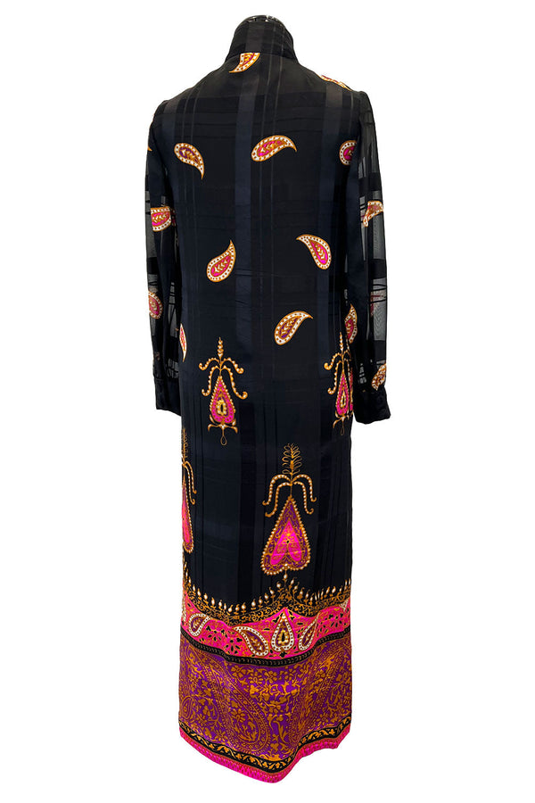 Documented Fall 1970 Valentino Printed Black Ribbon Silk Chiffon Dress w Huge Tassel Detail