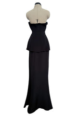 Minimalist 2010s Fendi by Karl Lagerfeld Black Strapless Long Silk Dress w Peplum Top