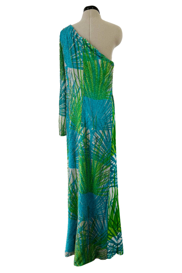 Phenomenal c.1972 La Mendola Hand Beaded Green Printed Caped One Shoulder Silk Jumpsuit