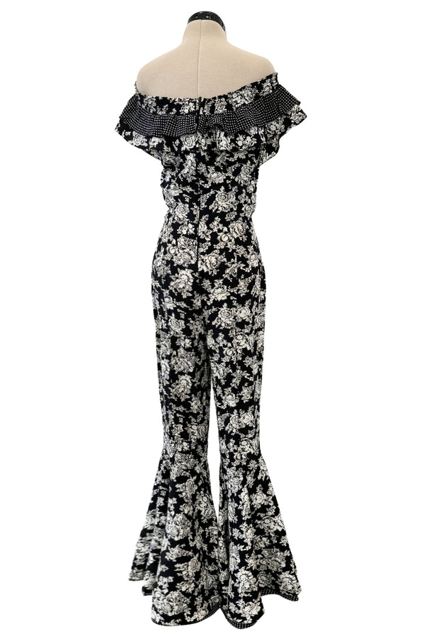 Ultra Rare Spring 1993 Versace by Gianni  Versace Silk Black & White Printed Off Shoulder Bell Bottom Jumpsuit