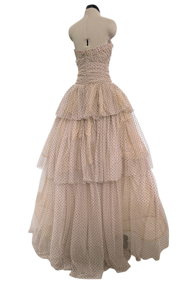 Prettiest Fall 2024 Atelier Prabal Gurung Look 7 Black Dotted Pale Nude Pinkish Net Strapless Dress w Full Skirts