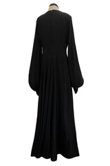 Exceptional 1970s George Stavropoulos Couture Black Silk & Bias Cut Dress w Balloon Sleeves & Flowing Skirt