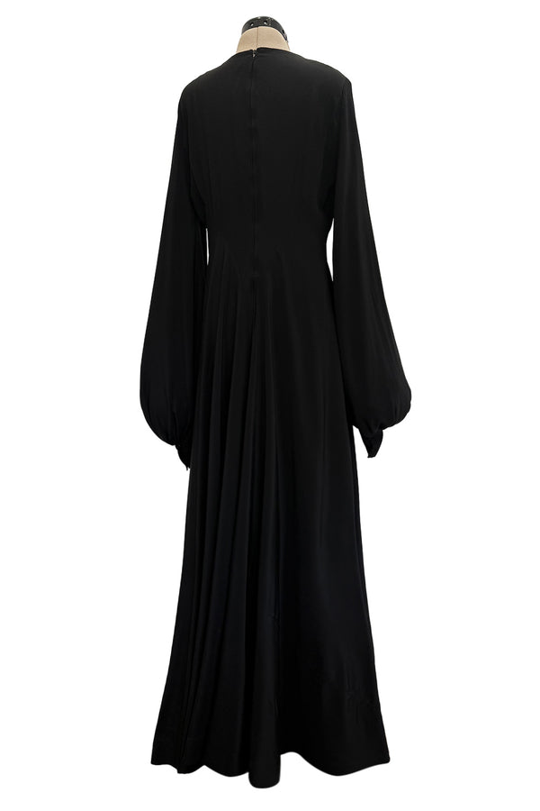 Exceptional 1970s George Stavropoulos Couture Black Silk & Bias Cut Dress w Balloon Sleeves & Flowing Skirt