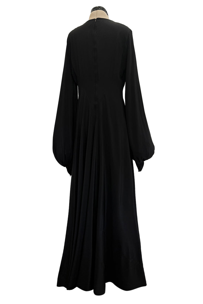 Exceptional 1970s George Stavropoulos Couture Black Silk & Bias Cut Dress w Balloon Sleeves & Flowing Skirt