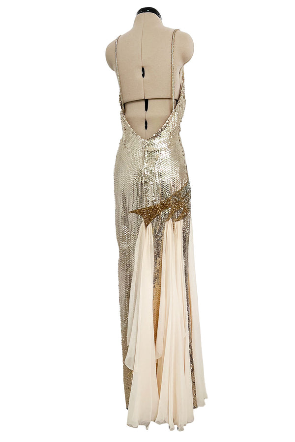 Incredible 1970s Loris Azzaro Densely Covered Gold & Silver Sequin, Bead & Silk Chiffon Dress