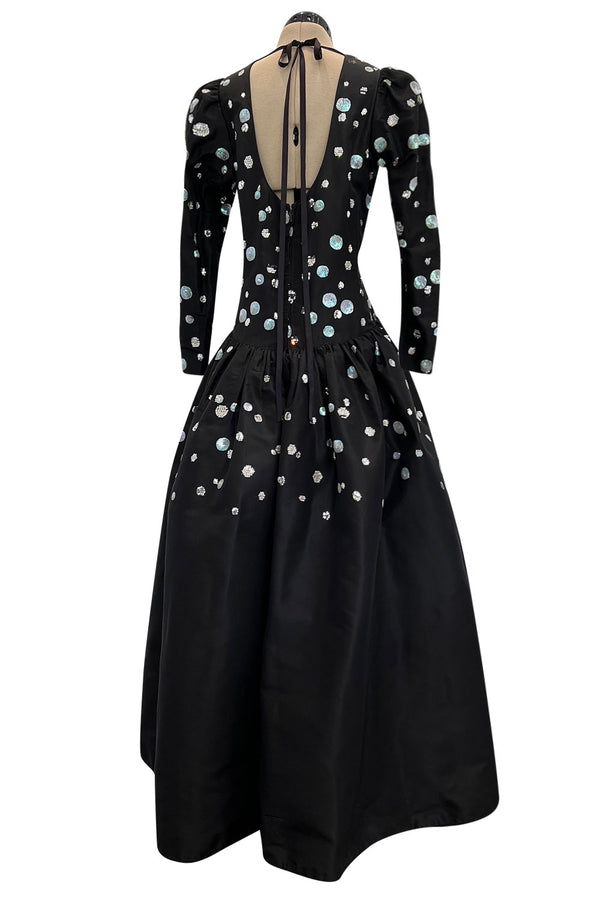 Fall 1979 Yves Saint Laurent Unlabled Haute Couture Black Silk Dress w Sequin & Rhinestone Detailing