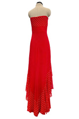 Prettiest Spring 2002 Valentino Runway Strapless Red Dot Silk Chiffon Dress w Ruffled Tiers