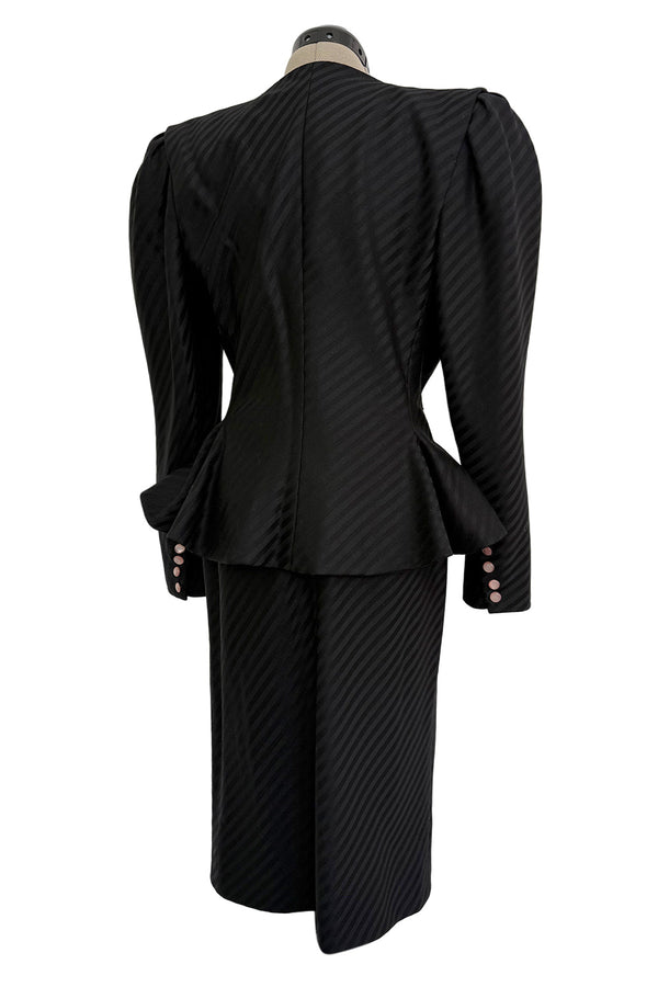 Fantastic Spring 1984 Emanuel Ungaro Haute Couture Black Stripe Jacket & Skirt Suit + Pink Camisole