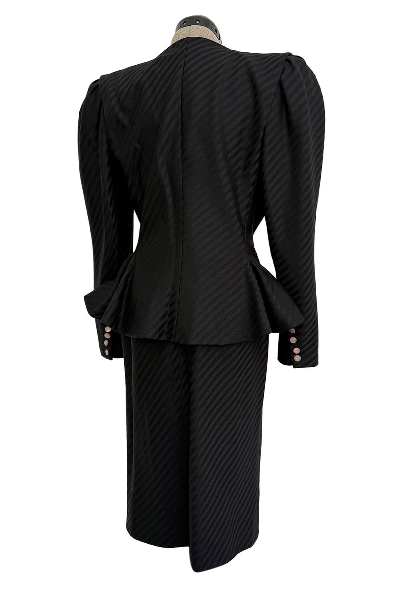 Fantastic Spring 1984 Emanuel Ungaro Haute Couture Black Stripe Jacket & Skirt Suit + Pink Camisole