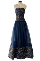 Very Rare Fall 1986 Chanel by Karl Lagerfeld Blue & Gold Strapless w Removable Sleeves