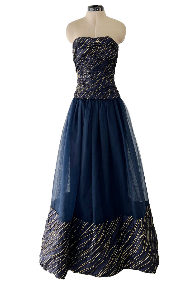 Very Rare Fall 1986 Chanel by Karl Lagerfeld Blue & Gold Strapless w Removable Sleeves