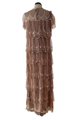 Prettiest 1960s Gold & Taupe Net Lace & Rhinestone Tiered Scalloped Edge Dress