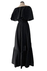 Dreamy 1981 Halston White Embroidered Dot on Black Wrap Off Shoulder Dress w Caped Neckline