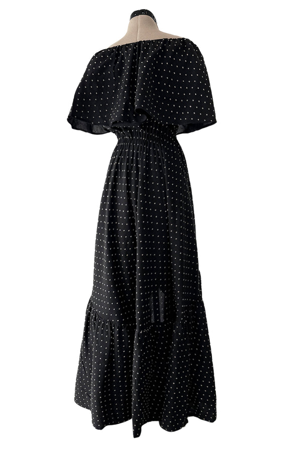 Dreamy 1981 Halston White Embroidered Dot on Black Wrap Off Shoulder Dress w Caped Neckline