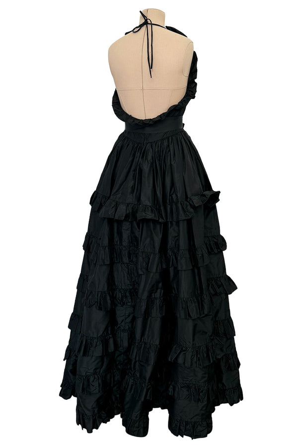 c 1970 Oscar de la Renta Black Silk Taffeta Backless Halter Neck Dress w Extensive Ruffle Detailing