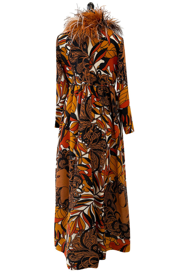 Early 1970s Bill Blass Couture Hand Beaded Lion Print Dress w Elaborate Feather Collar