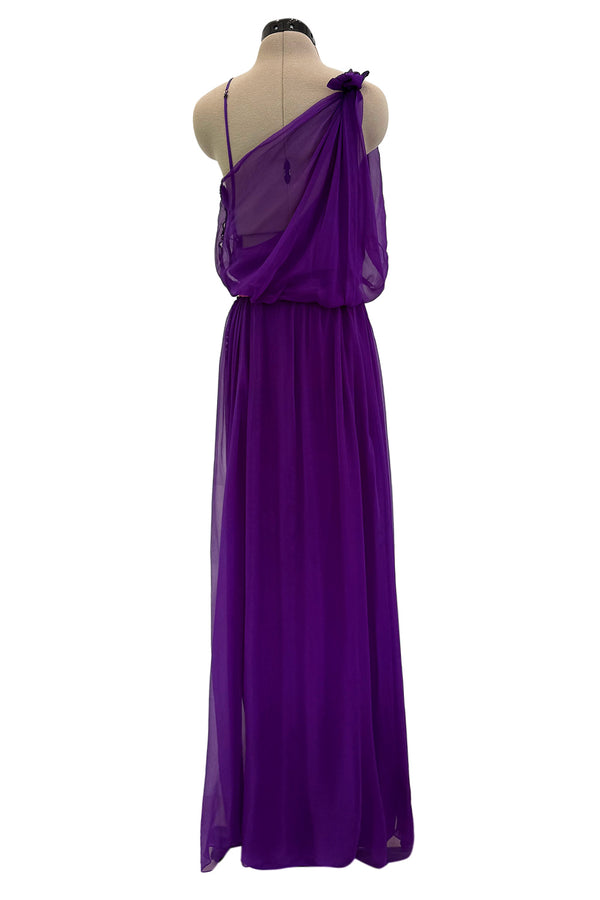 Spring 2001 Christian Dior by John Galliano Purple Silk Chiffon One Shoulder dress w Matching Pink & Red Floral Tie Belt