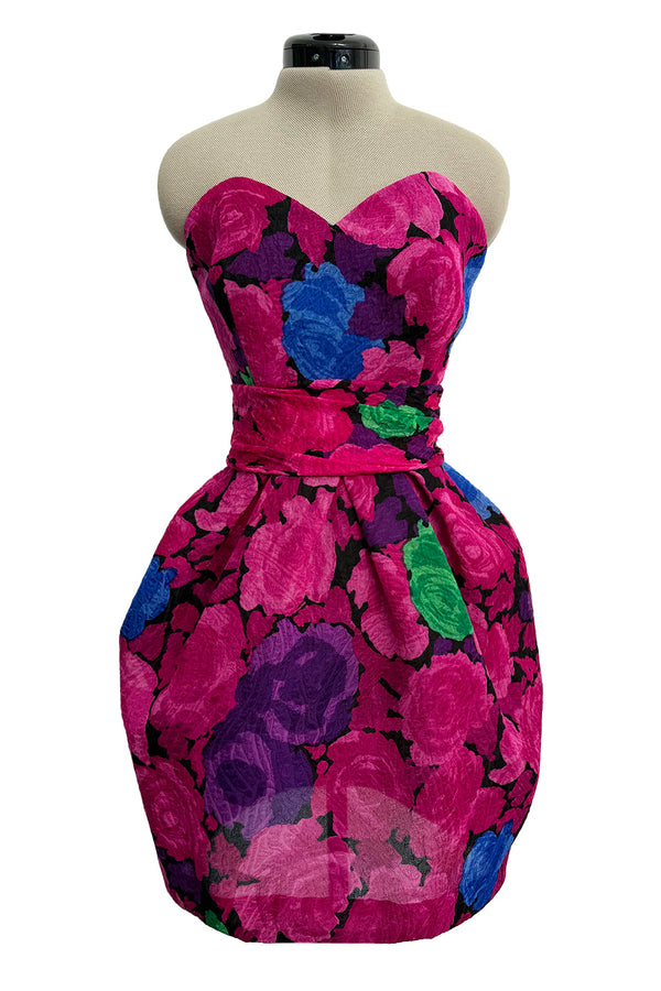 Exuberant Spring 1988 Christian Lacroix Luxe Demi-Couture Runway & Documented Strapless Floral Mini Dress