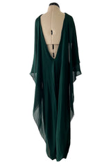 Fall 1975 Beautiful Halston Runway Flowing Deep Green Silk Chiffon w Low Back Plunge