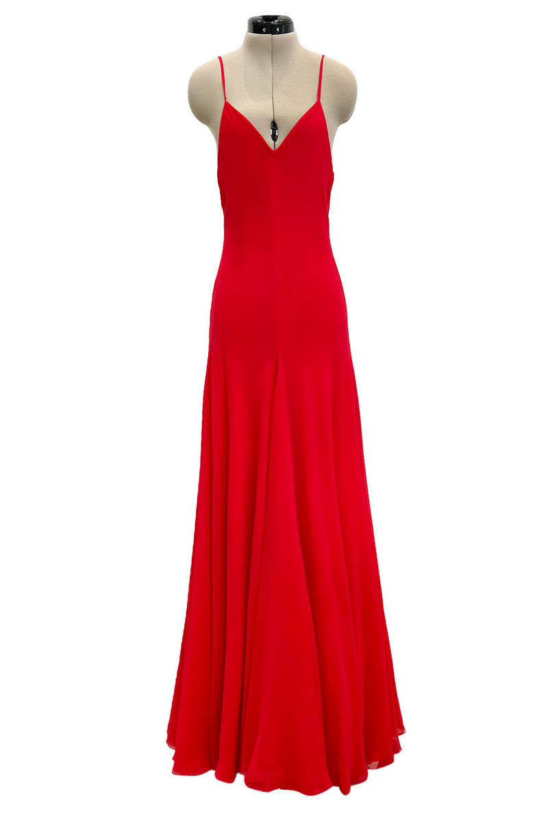 Superb Spring 1977 Halston Runway Bias Cut red Silk Chiffon Dress w Or Shrimpton Couture Superb Spring 1977 Halston Runway Bias Cut red Silk Chiffon Dress w Or Shrimpton Couture
