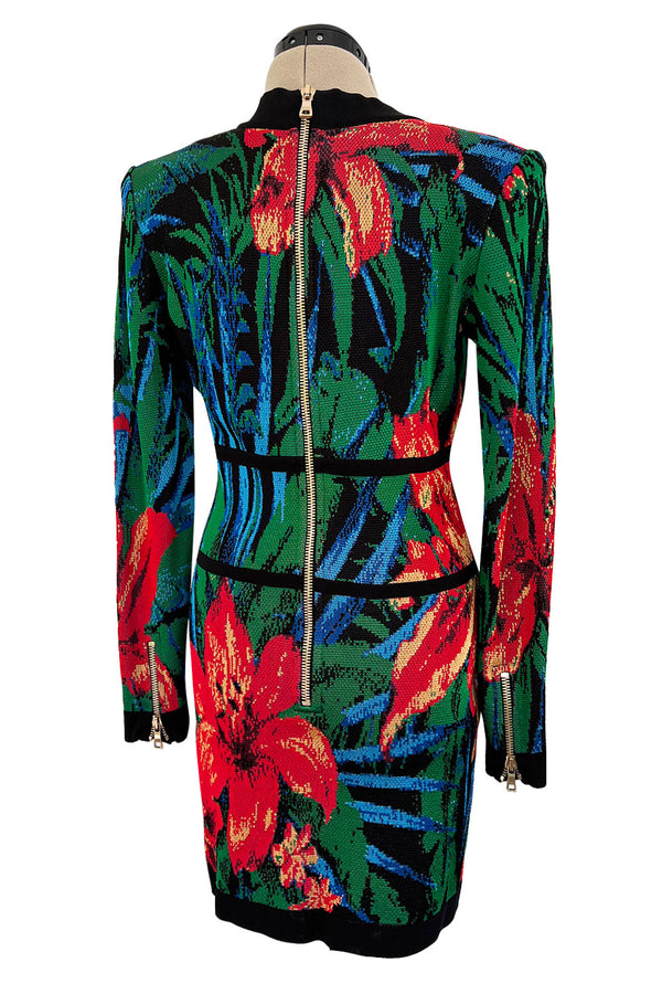Stunning 2010s Balmain by Olivier Rousteing Huge Floral Print Front Plunge Knit Mini Dress