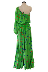 Demi-Couture Spring 1989 Nina Ricci Runway Dotted Silk Skirt & Silk Chiffon One Shoulder Top Set