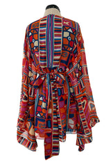 Fantastic 1970 Thea Porter w Documented Print by Sandra Munro Silk Chiffon Mini Dress w Ultra Wide Sleeves