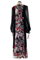 Extraordinary 1969 Thea Porter Black Silk Chiffon Dress w Red Print & Huge Balloon Sleeves