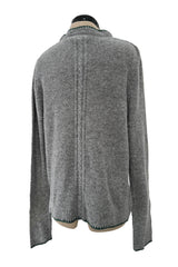 Wonderful 1980s Moser Deep Grey Colour Hand Knit Cardigan Sweater w Floral Details & Metal Buttons