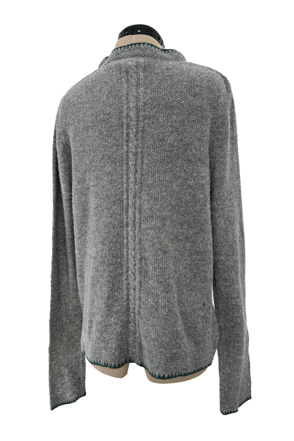 Wonderful 1980s Moser Deep Grey Colour Hand Knit Cardigan Sweater w Floral Details & Metal Buttons