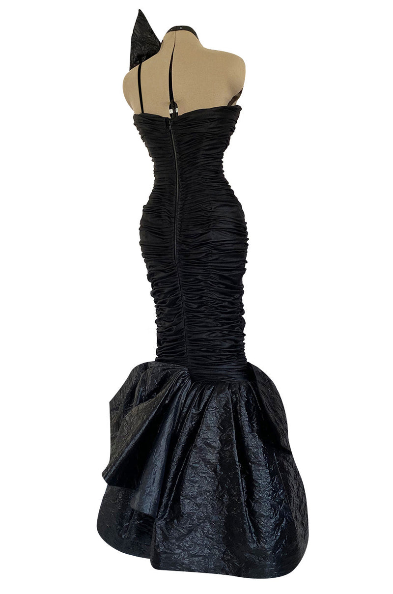 Dramatic 1987 Loris Azzaro Black Strapless Dress w Low Full Skirt &  Shoulder Flare