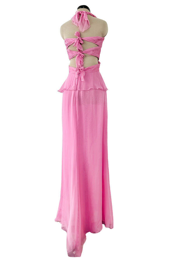 Dreamiest Spring 2007 Valentino Pleated & Bias Cut Pink Silk Chiffon Dress w Open Tie Back