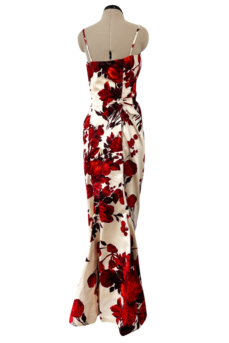 Rare & Beautiful 1950s Philip Hulitar Couture Dress w Fused Velvet Roses on a Rich Ivory Silk