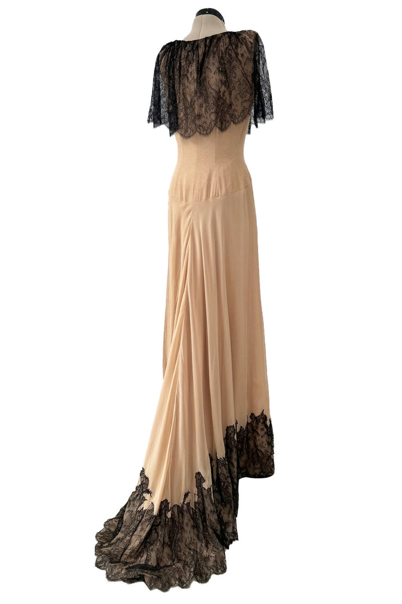 Spectacular Fall 1988 John Anthony Bias Cut Taupe Silk Chiffon Wrap Dress w Hand Made Lace Detailing